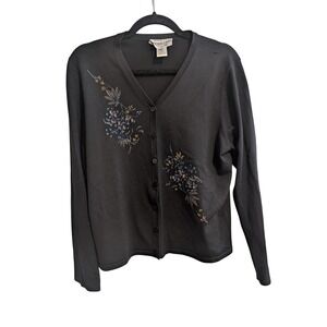 Pendleton Cardigan Sweater Womens‎ Petite M Black Silk Blend Floral Embroidered